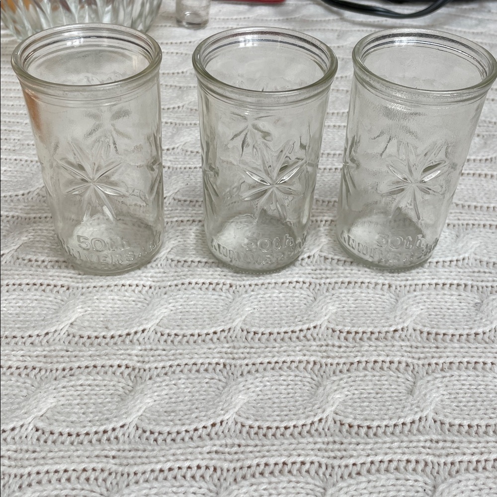 3 VTG Ball Jelly juice jar/glasses, 50th anniversary Ball 1933 to 1983 starburst